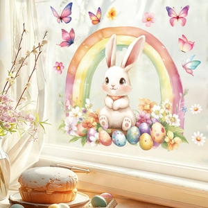 Sticker de fenêtre de Pâques avec lapin, arc-en-ciel et œufs au style aquarelle doux