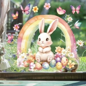 Autocollants de Pâques avec lapins arc-en-ciel et œufs sur une surface vitrée