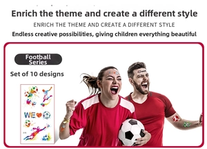 Detail showing 10 sheets of soccer temporary tattoos with football and player silhouettes