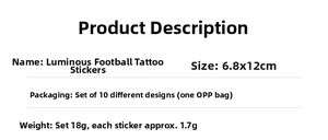 Detailed size chart and specifications for luminous football tattoo stickers set