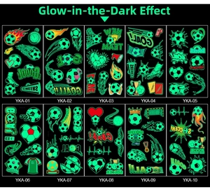 Glow-in-the-dark soccer temporary tattoos showing various football and trophy designs