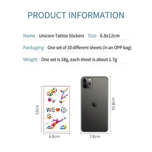 Waterproof soccer tattoo stickers for kids, 6.8x12cm size comparison with phone
