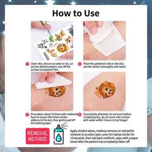 Luminous football and animal tattoo stickers showing step-by-step application guide on skin