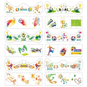 Set of 10 temporary soccer tattoos for kids featuring colorful goal and trophy designs