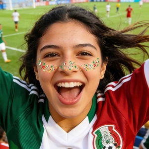 Mexico football fan face stickers featuring national flag and cactus on smiling woman