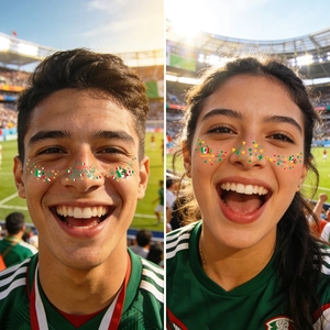 Mexico flag face tattoos and soccer freckle stickers for World Cup fans on stadium background
