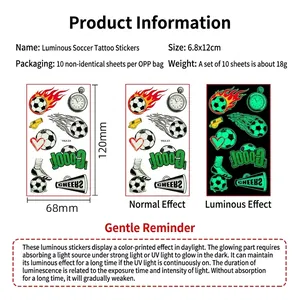 Luminous football tattoo stickers set of 10 for sports fans with glow-in-the-dark effect