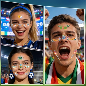 Temporary soccer face tattoos and football earrings for sports fans at stadium events