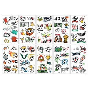Set of 10 soccer temporary tattoo stickers featuring balls, trophies, and football flags