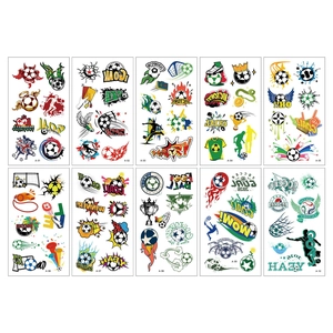Set of 10 temporary football tattoos featuring players, trophies and goal lettering