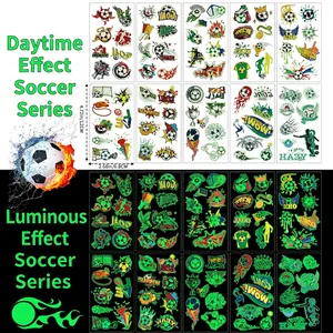 Luminous football tattoos for fans showing day and night glow effect, 12x6.8cm size