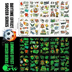 Luminous football temporary tattoos for kids showing daytime and green glow night effect