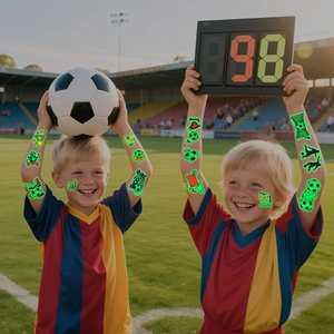 Luminous soccer tattoo stickers for kids featuring trophies and glowing football patterns