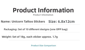 Detailed size chart and specifications for 10 unique cartoon unicorn tattoo stickers