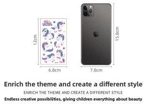 Cartoon unicorn tattoo stickers sheet size comparison with a smartphone 12x6.8cm