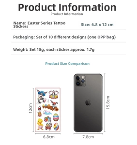 Detailed size guide for 10-piece Easter tattoo set featuring bunnies and colorful eggs