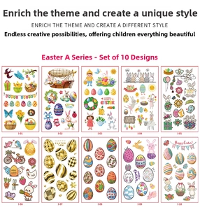 Detail view of 10 assorted Easter temporary tattoos featuring cute bunnies and eggs