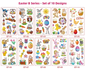 Detailed view of ten Easter cartoon temporary tattoo sheets featuring rabbits and eggs