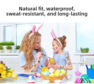 Children using Easter temporary tattoos featuring cartoon rabbits and eggs on their arms
