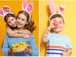 Close-up of Easter temporary tattoos with rabbits and eggs on a child's arm