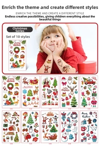 Vue détaillée du set de tatouages temporaires de Noël pour enfants avec dix motifs variés
