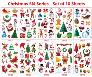 Set of 10 Christmas cartoon temporary tattoos showing Santa, reindeer and snowman designs
