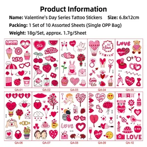 Set of 10 Valentine temporary tattoos with pink and red heart designs for couples