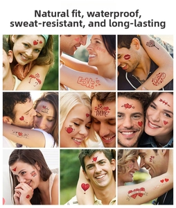 Waterproof heart temporary tattoos showing red hearts and LOVE phrases on model skin