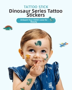 Toddler model showing colorful waterproof dinosaur cartoon temporary tattoos on skin