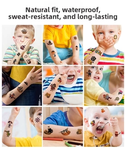 Waterproof pirate themed cartoon temporary tattoos shown on children's arms and cheeks