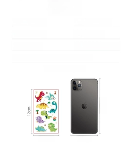 Waterproof dinosaur tattoo sticker for kids showing size comparison with a smartphone