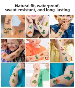Close-up of waterproof cartoon dinosaur temporary tattoos applied on children skin