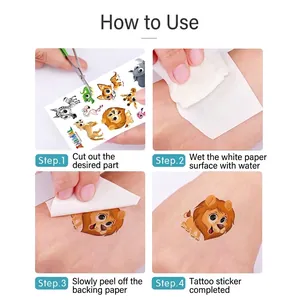 Waterproof cartoon animal temporary tattoo stickers for kids showing four easy application steps