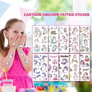 10er-Set wasserfeste Cartoon-Einhorn-Tattoos für Kinder auf Haut und Bögen gezeigt