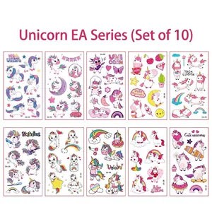 Set of 10 waterproof cartoon unicorn temporary tattoo stickers with rainbows and stars