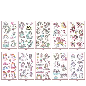 Set of 10 waterproof colorful unicorn temporary tattoos with rainbows for kids