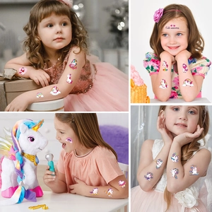 Waterproof cartoon unicorn tattoo stickers for kids featuring rainbows and hearts