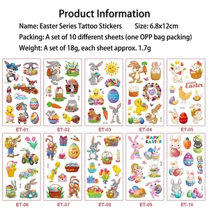 Set of 10 Easter temporary tattoos for kids featuring cute bunnies and colorful eggs
