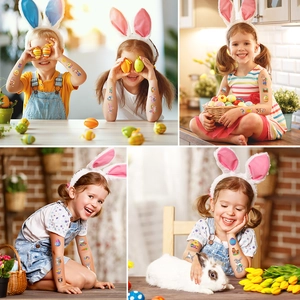 Cute Easter cartoon temporary tattoos for kids featuring bunnies and colorful eggs