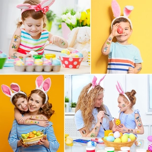 Cute Easter temporary tattoos featuring cartoon bunnies and eggs for kids party fun