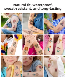 Waterproof cartoon mermaid temporary tattoos shown on children's arms for fun parties