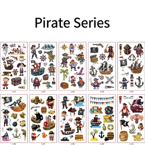 Kids temporary pirate tattoo set featuring 10 colorful waterproof nautical designs