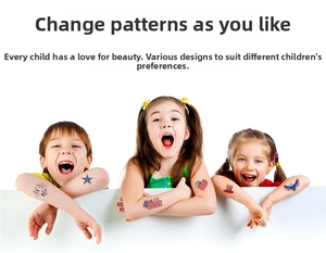 Close-up of kids wearing American flag tattoo stickers with stars, hearts and eagle designs