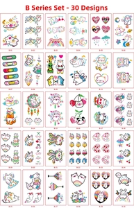 Detailed grid of 30 colorful cartoon tattoo stickers featuring hearts and rainbows