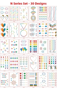 Detailed grid view of 30 minimalist colorful temporary tattoos featuring hearts and rainbows