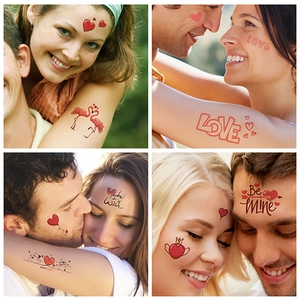 Romantic Valentine's temporary tattoos with heart and flamingo patterns for couples
