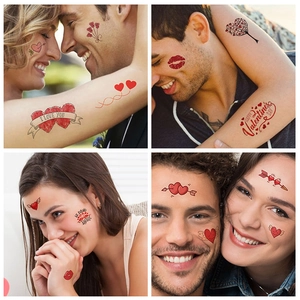 Valentine's Day temporary tattoos set with red hearts and cupid motifs for couples