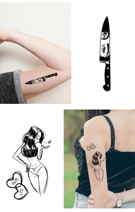 Dettagli di tatuaggi temporanei con pugnale e figura femminile su sfondo bianco pulito