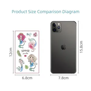 Waterproof cartoon mermaid tattoo stickers for kids party size 12x6.8cm shown with phone