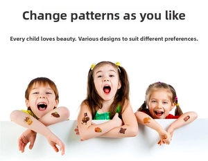 Close-up of colorful Thanksgiving temporary tattoos on children arms with turkey and pumpkin